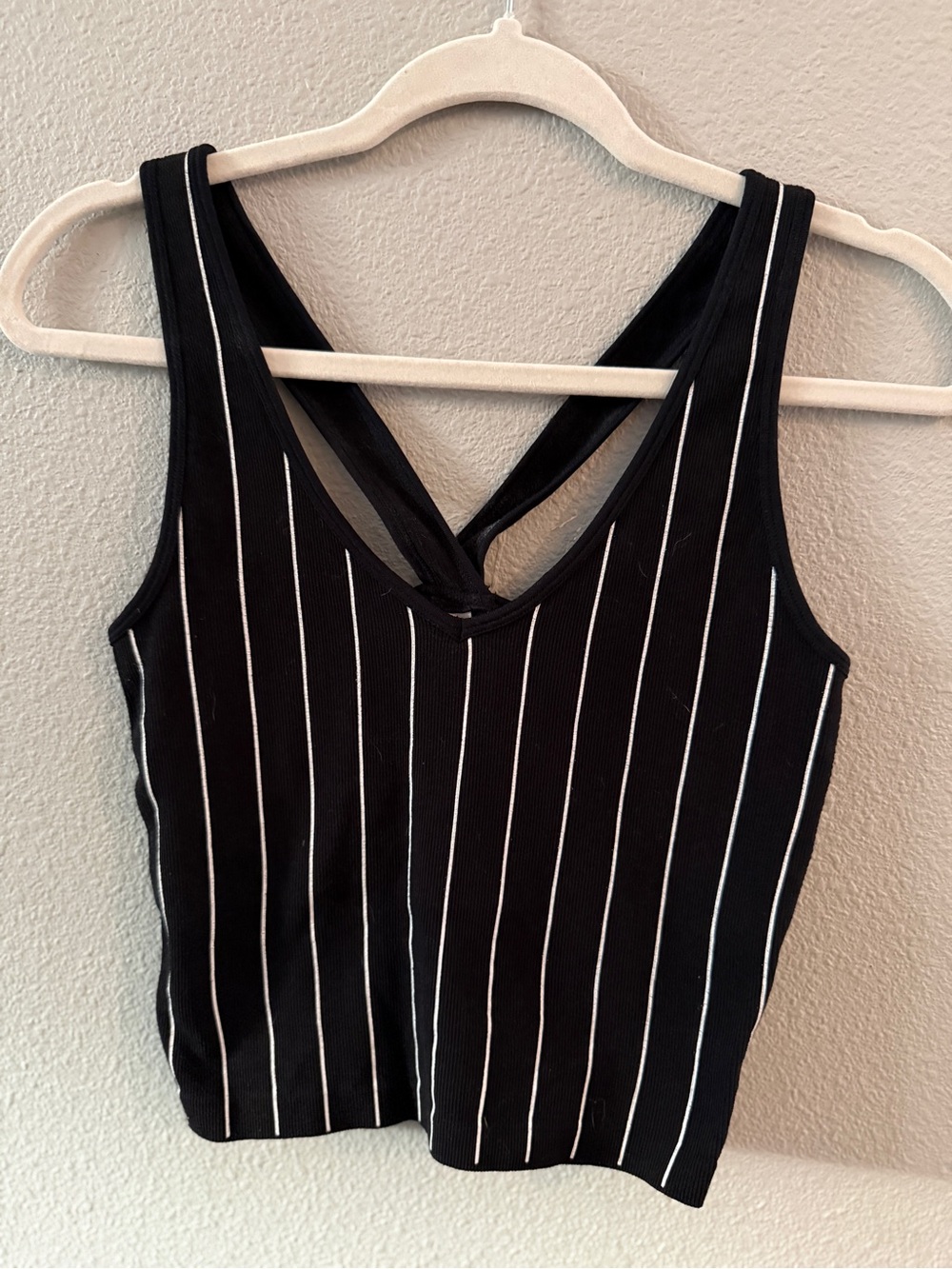 Black Pinstripe V-Neck Cross-Back Tank Top